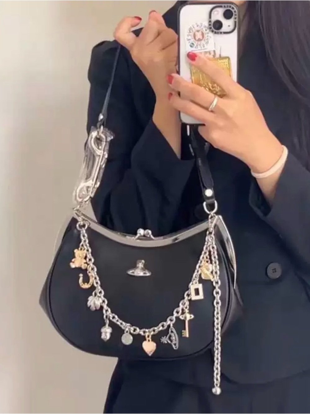 Vivienne Westwood Black Leather Shoulder Bag with Orb and Charm Chain